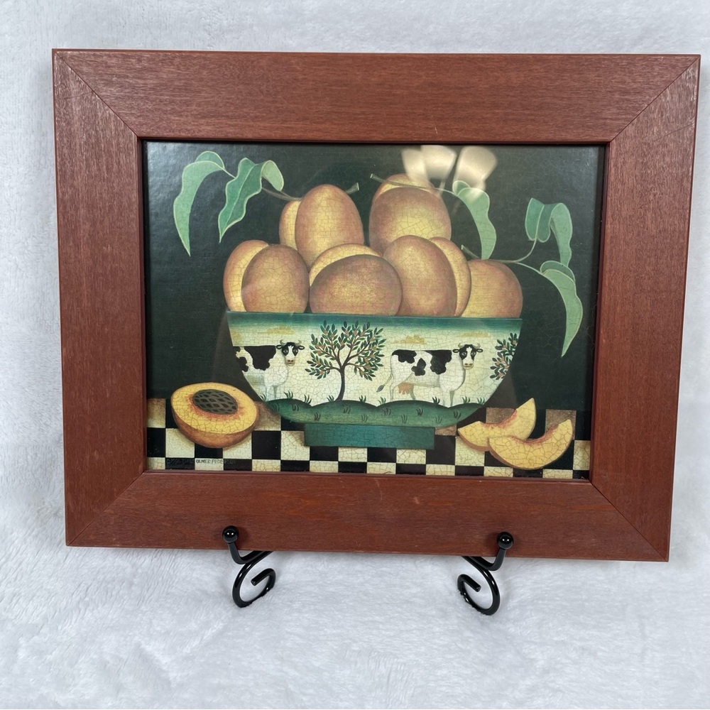 1996 SIGNED Diane Ulmer Pedersen Cows/Peaches Primitive Framed Folk Art Print